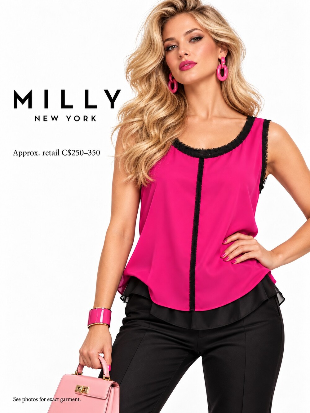 Milly Pink & Black Tank Silk Blouse Medium Barbiecore Glam
